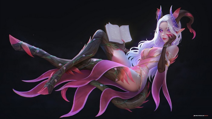 Fantasy art of a woman with horns reading a book