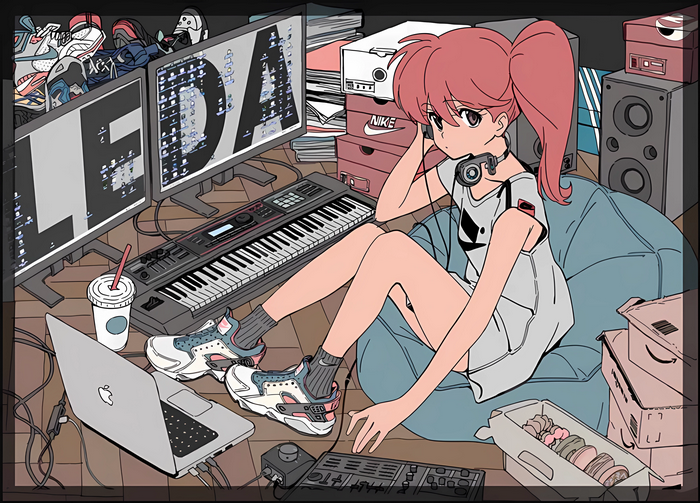 Girl with headphones and Nike shoes at a desk