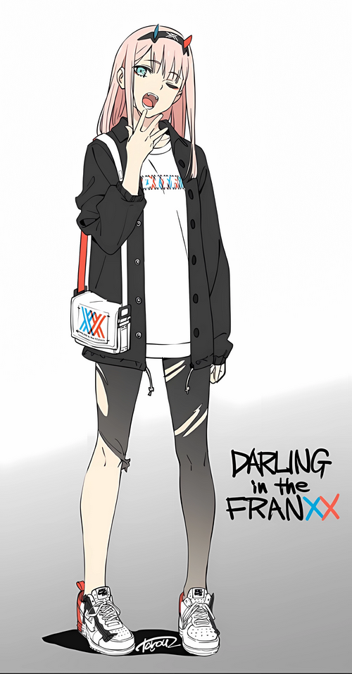 Zero Two in casual outfit with Darling in the FranXX logo