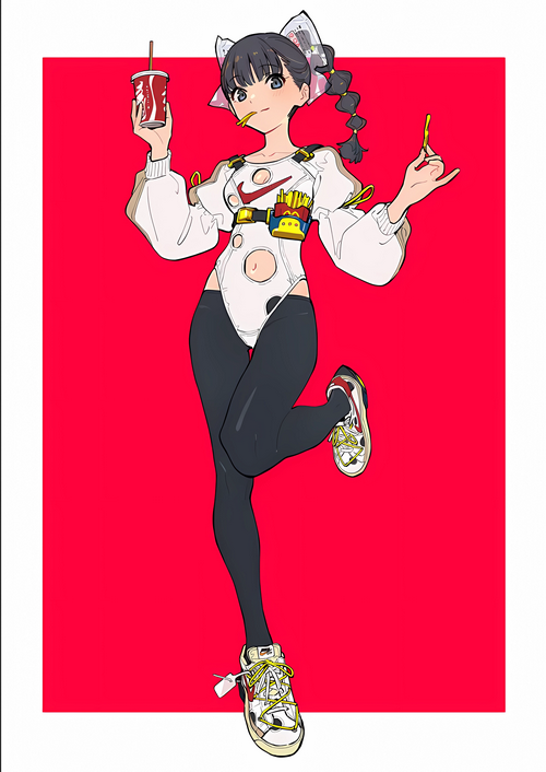 Anime girl with ponytail holding a drink and fries