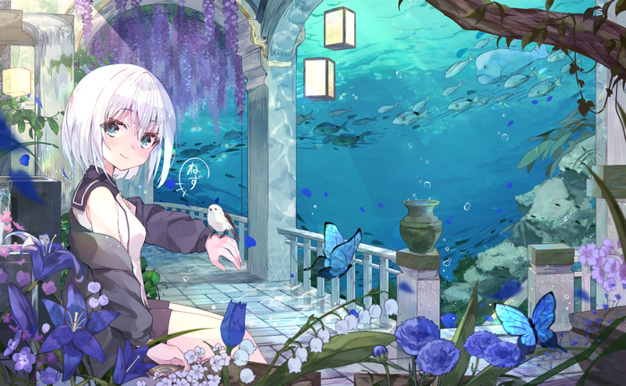 Girl with bird and butterflies by underwater aquarium