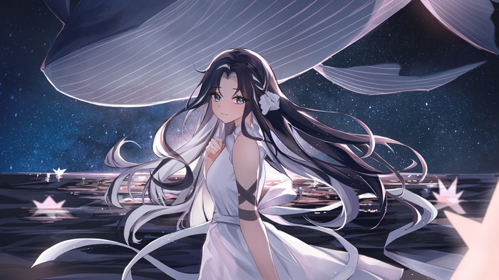 4K whale and girl under starry sky