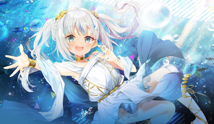 Gawr Gura in a white and blue outfit underwater