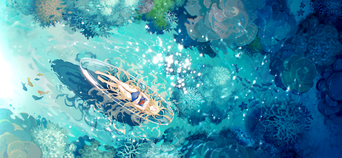 Girl on a transparent board in a coral reef