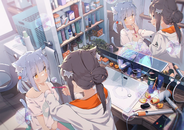 Cat girls brushing teeth in a bathroom with bubbles