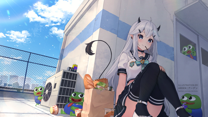 Veibae on a rooftop with Pepe the Frog
