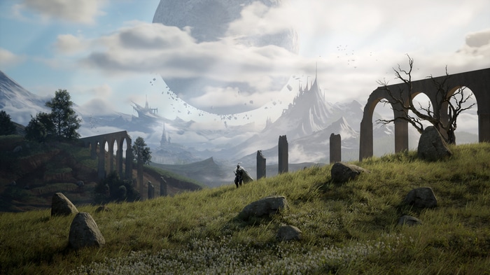 Fantasy landscape with ruins and mountains