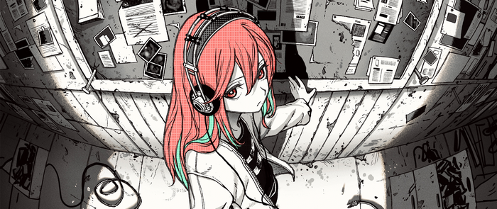 Girl with headphones in a room with papers