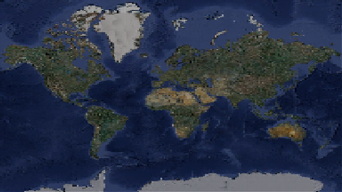 Pixelated world map with satellite imagery