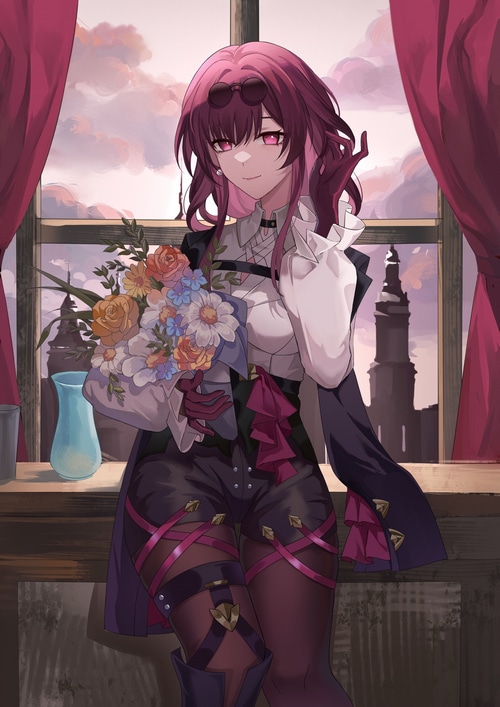 Kafka holding flowers by the window in Honkai: Star Rail