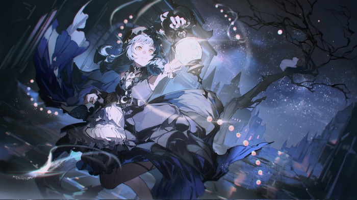 Girl with lamp in a starry night city