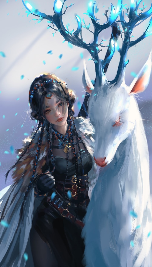 Fantasy girl with glowing antlers and a white deer