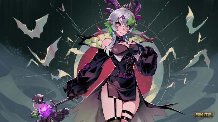 Izanami from Smite with bats and a staff