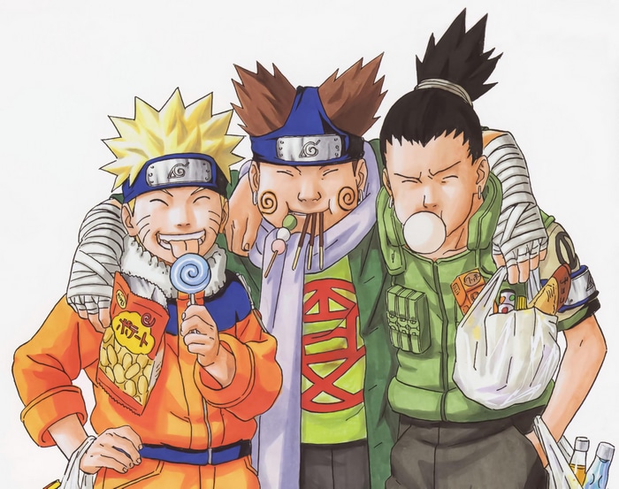 Naruto, Shikamaru, and Choji with snacks