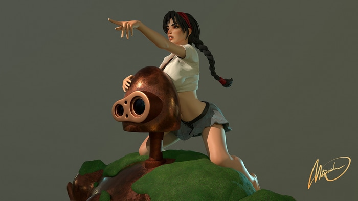 Girl with braids riding a robot creature