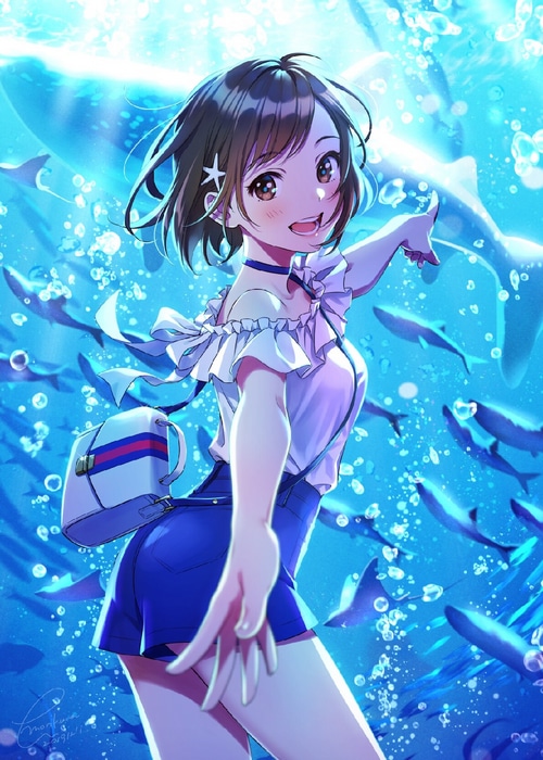 Anime girl with purse pointing in aquarium with fish