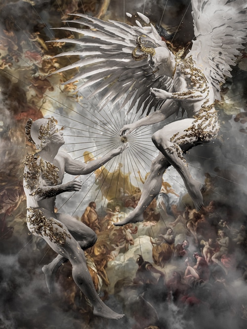 Angels with golden adornments in a celestial scene