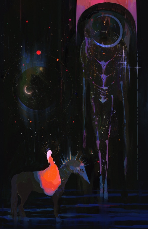 Illustration of a figure on a horse and a tall entity