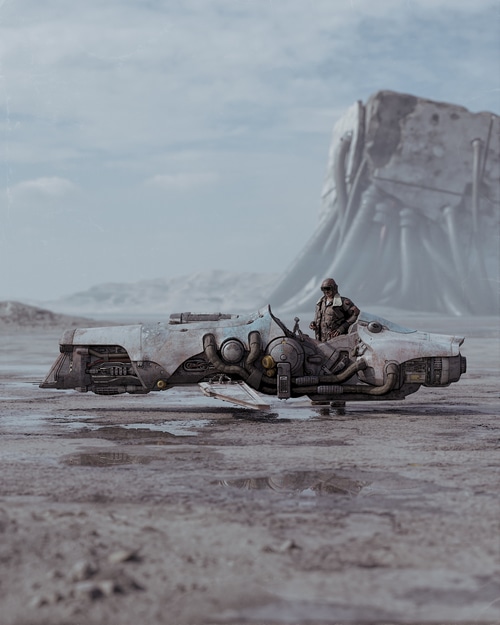 Victor Duarte's hovercraft in a desolate landscape