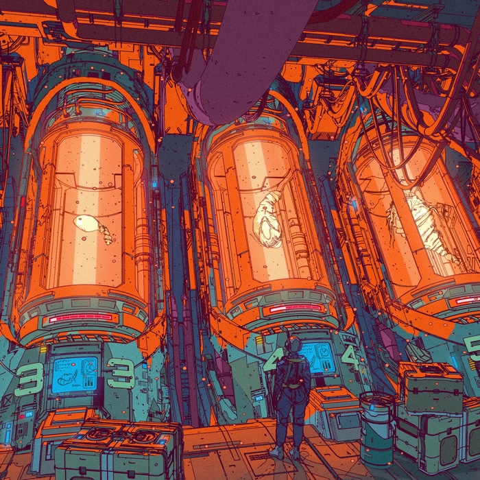 Futuristic laboratory with cryogenic pods and a scientist