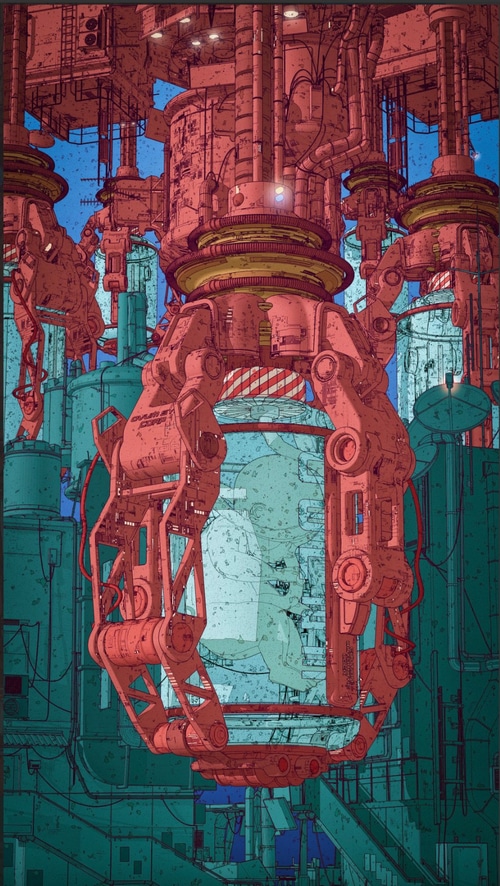 Futuristic industrial complex with robotic arms