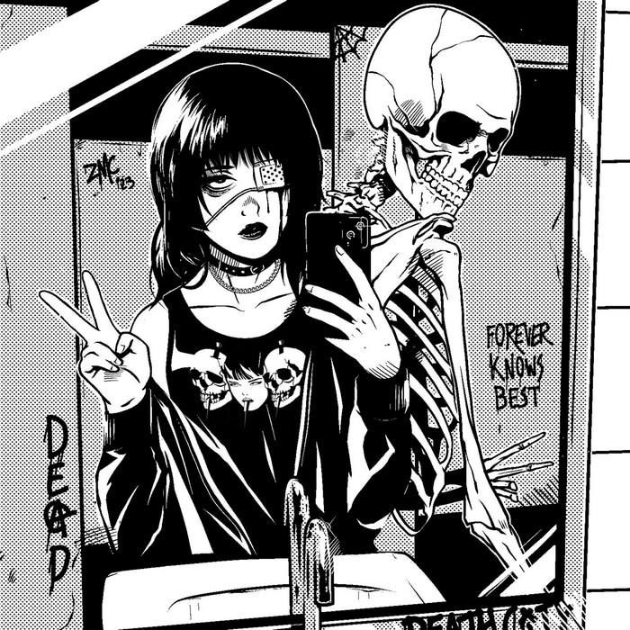 Gothic girl and skeleton taking a selfie in a mirror