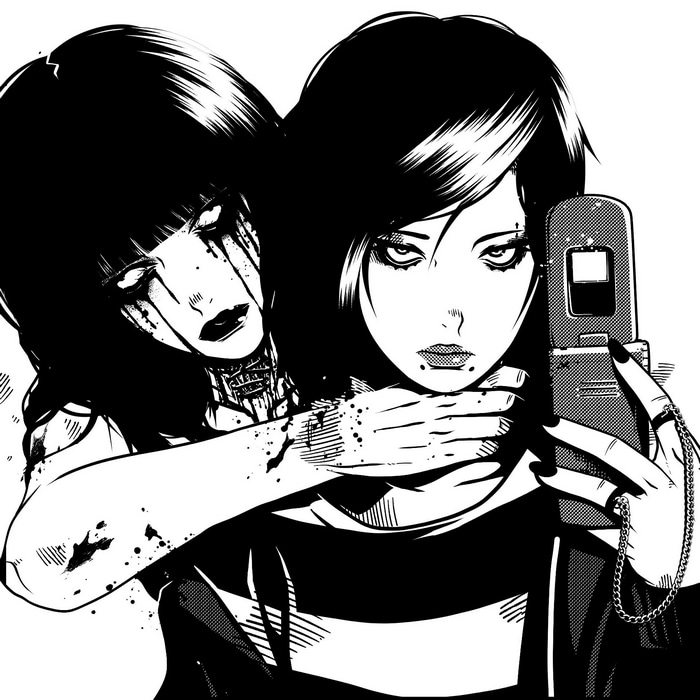 Two girls, one holding a phone, monochrome drawing