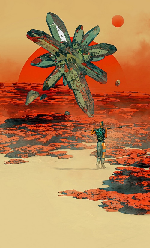 Futuristic crystal on a desert planet with a lone explorer