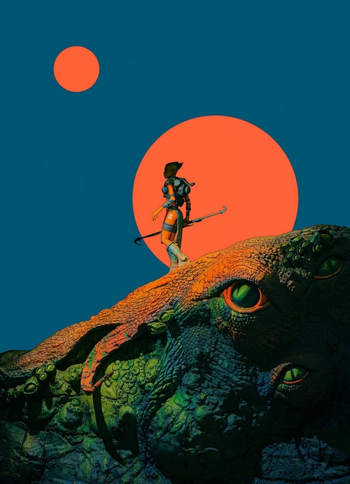 Futuristic woman on a giant creature under two orange suns