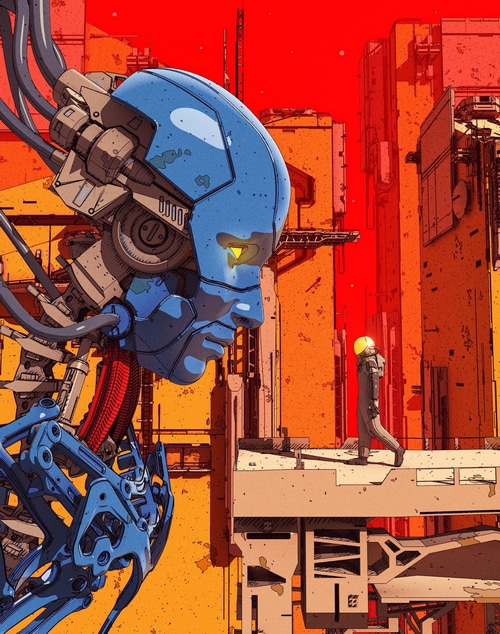 Cyberpunk robot head and astronaut in a futuristic city