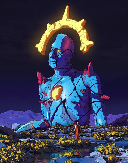 Giant broken blue statue with golden halo in a field of flowers