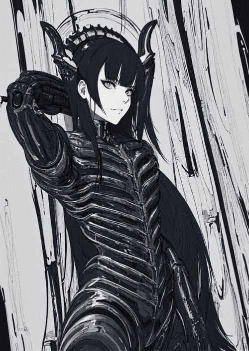 Monochrome anime girl with horns and armor
