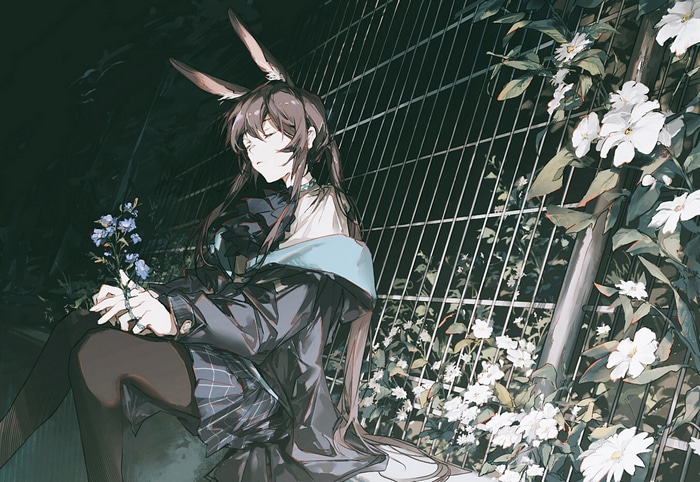 Amiya from Arknights sitting by a fence with flowers