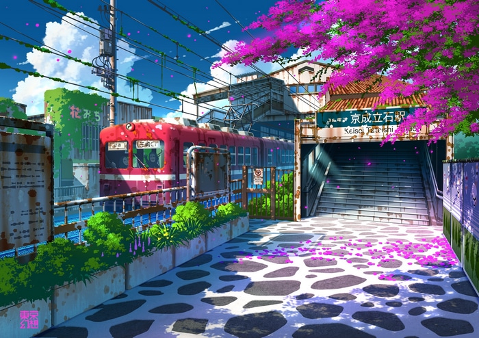Keisei Tateishi Station with a red train and pink flowers