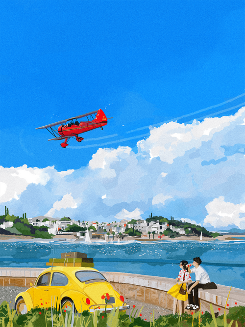Couple by a yellow Volkswagen Beetle with a biplane overhead