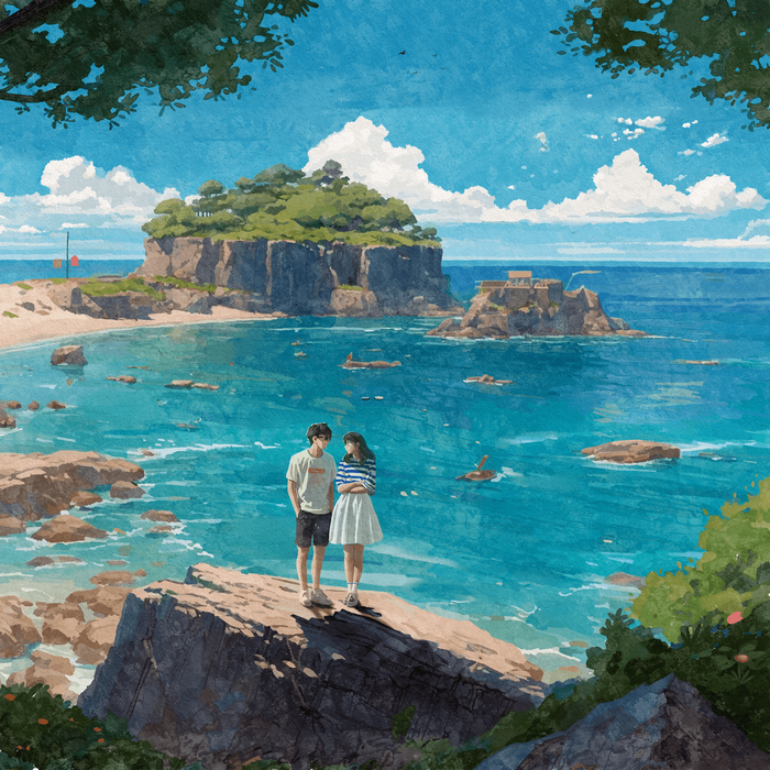 Couple on rocks overlooking a tropical island beach