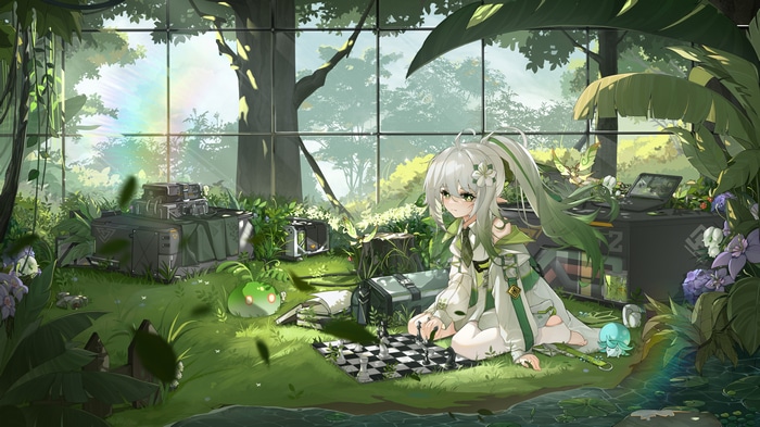 Nahida playing chess in a greenhouse