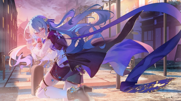 Girl with blue hair eating ice cream at sunset