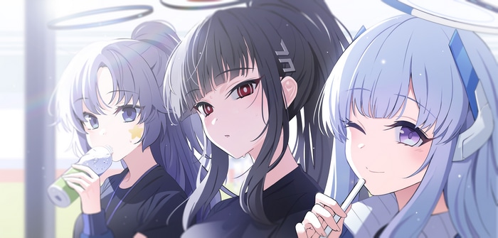 Blue Archive: Rio, Noa, and Yuuka with drinks