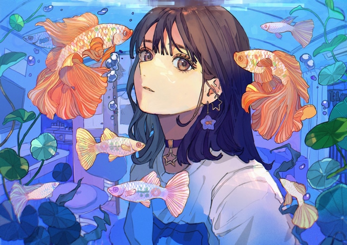 Girl with fish in aquarium