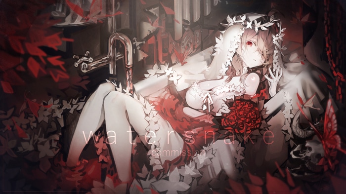 Aponia in a bathtub with roses and butterflies