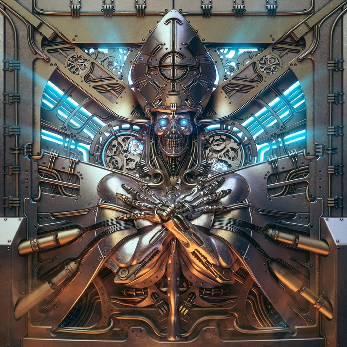Steampunk Skull with Blue Glowing Eyes and Arms Crossed