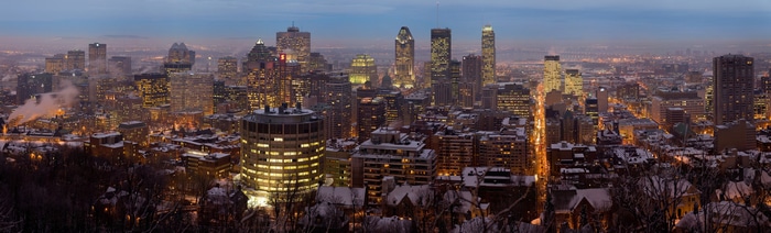 4K Montreal cityscape at dusk with city lights