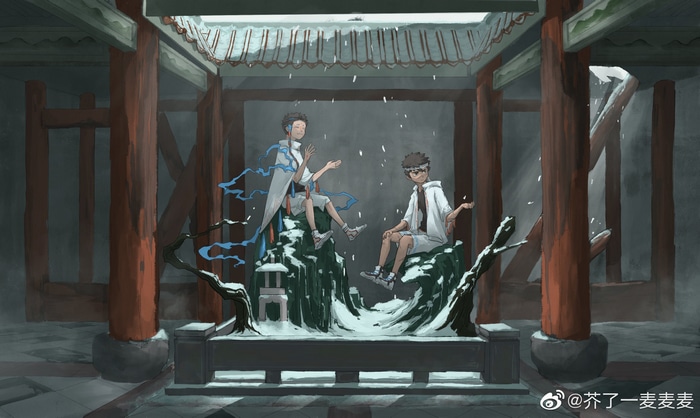 Two anime boys in a snowy courtyard