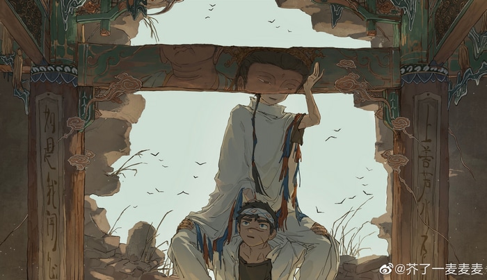 Children in ancient ruins with Buddhist imagery