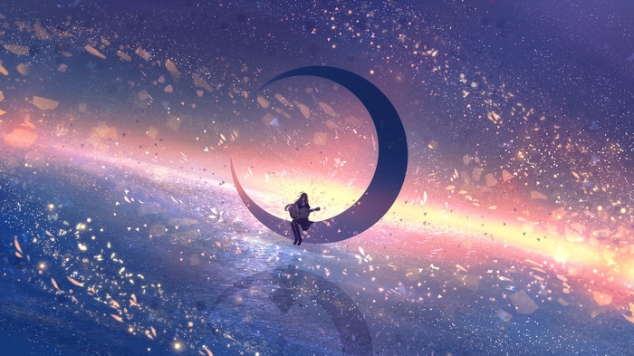 Girl playing guitar on a crescent moon in a starry sky