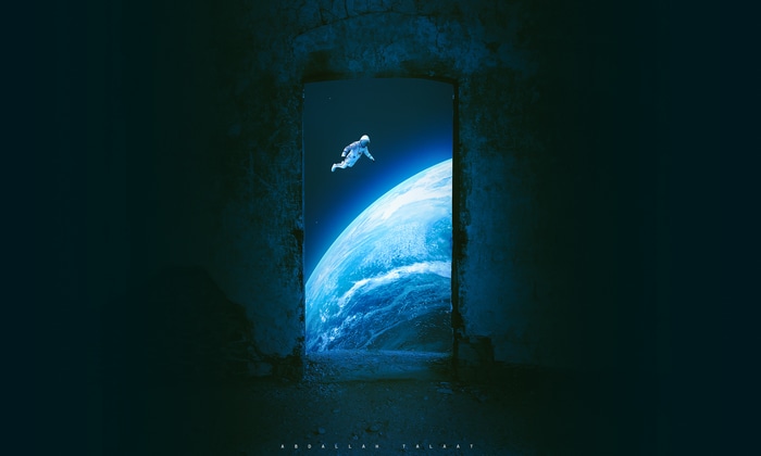 Astronaut floating in space through a doorway overlooking Earth