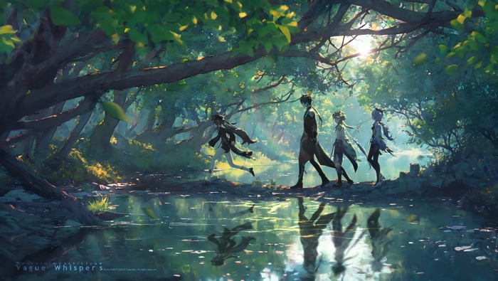 Genshin Impact characters walk by a forest stream