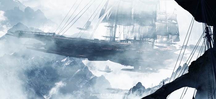 4K mist ship sailing through mountains