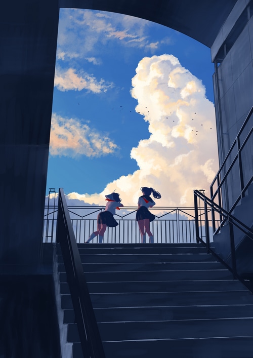 Two schoolgirls on a balcony with a cloudy sky